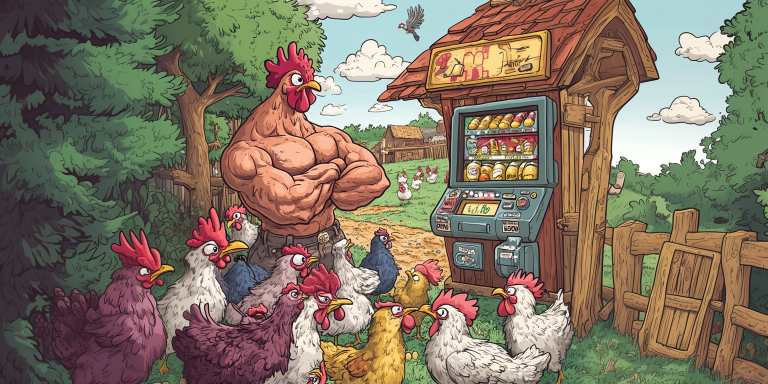 A bustling cartoon farmyard filled with chickens in punny situations.