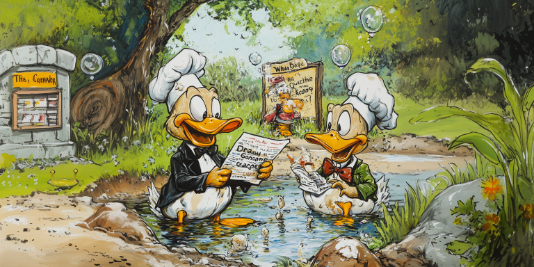 A cartoon pond scene with ducks engaged in pun-related activities