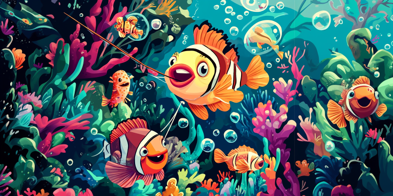 A whimsical underwater scene with cartoon fish making visual puns