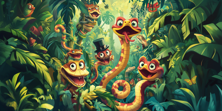 Cartoon jungle scene with snakes