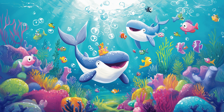 Cartoon underwater scene whales