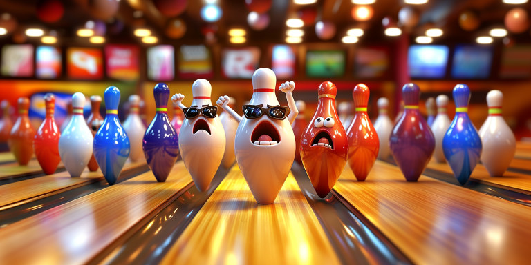 Lively cartoon bowling alley scene