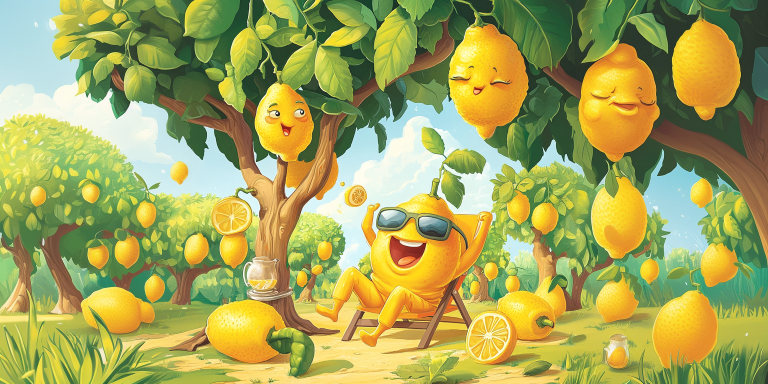 Vibrant cartoon lemon orchard scene