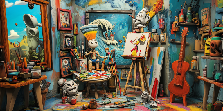 Whimsical art studio scene