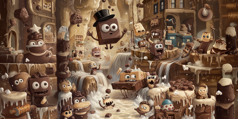 Whimsical cartoon chocolate factory scene