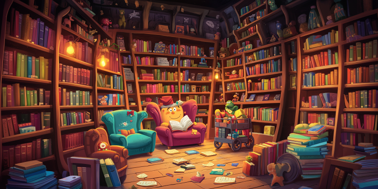 Whimsical cartoon library interior