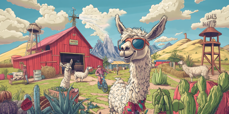 Whimsical cartoon llama farm scene